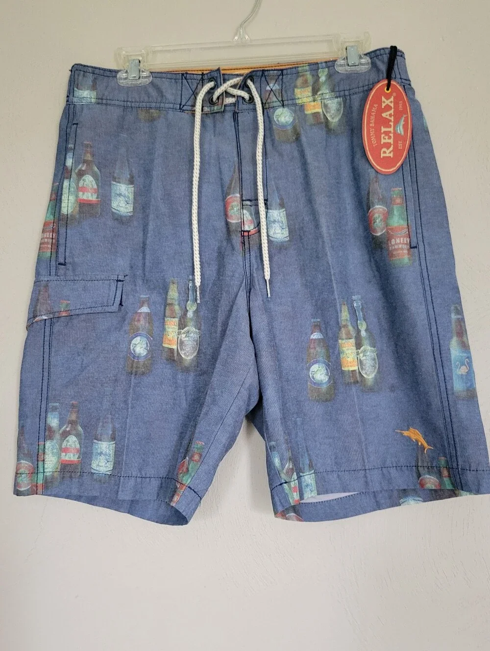 Tommy Bahama DA BEERS Relax Cargo Trunks Mens S/P Distress Blue W/ Beer Bottles
